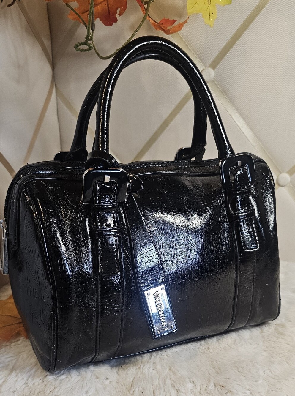 Mario Valentino Black Patent Satchel with Embossed Logo